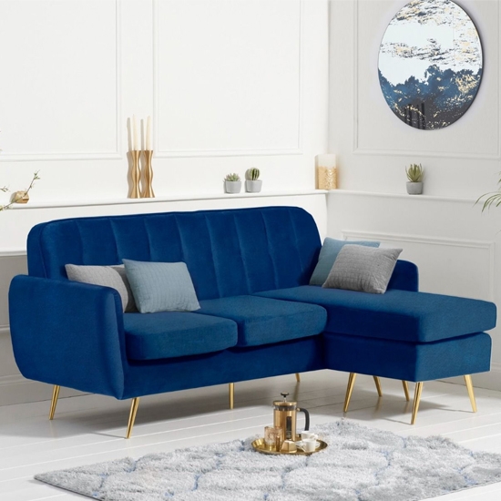 Bina Velvet Upholstered 3 Seater Chaise Corner Sofa In Blue