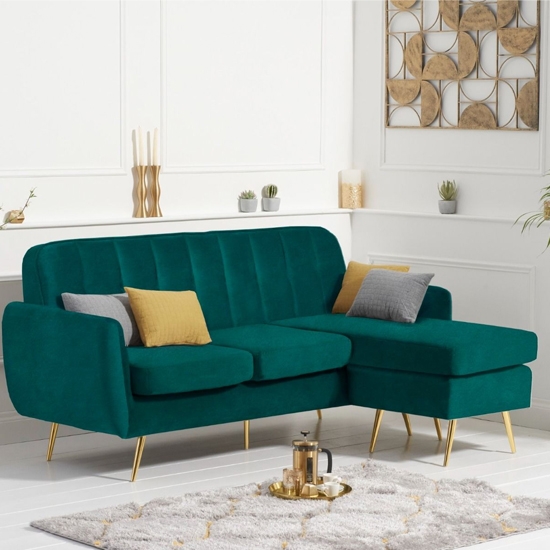 Bina Velvet Upholstered 3 Seater Chaise Corner Sofa In Green