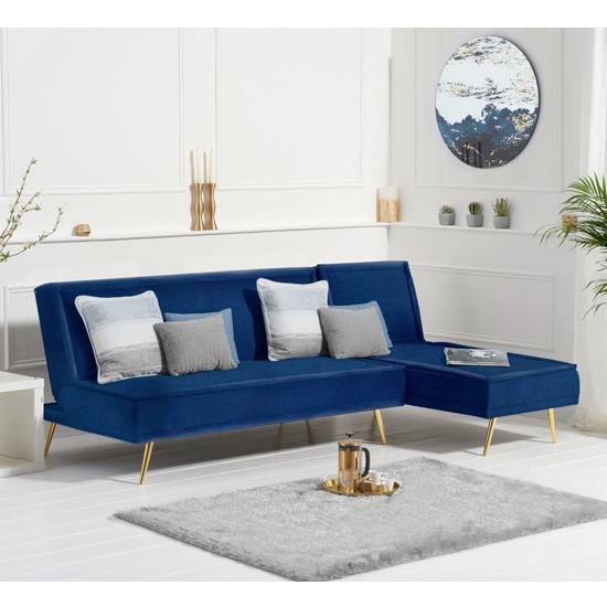 Breva Velvet Upholstered 3 Seater Chaise Corner Sofa Bed In Blue