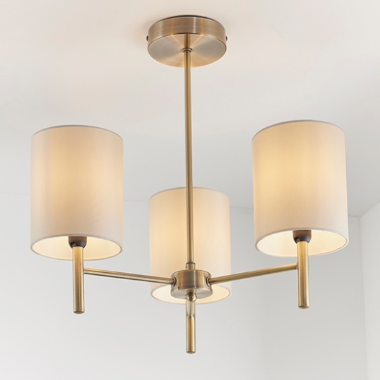 Brio 3 Lights Cream Fabric Semi Flush Ceiling Light In Antique Brass