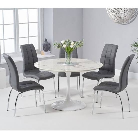 Brittney 120cm White Marble Effect Round Dining Table With 6 California Grey Chairs