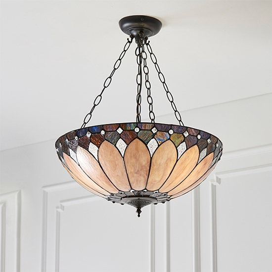 Brooklyn Large Tiffany Glass Inverted 3 Lights Ceiling Pendant Light In Dark Bronze