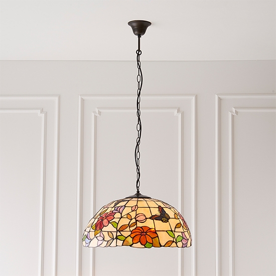 Butterfly Large Tiffany Art Glass 3 Lights Ceiling Pendant Light In Dark Bronze