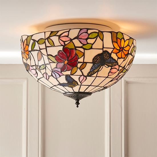 Butterfly Medium 2 Lights Flush Ceiling Light In Tiffany Art Glass