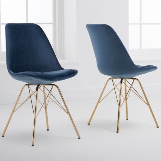 Calabasus Blue Velvet Dining Chairs In Pair With Gold Legs