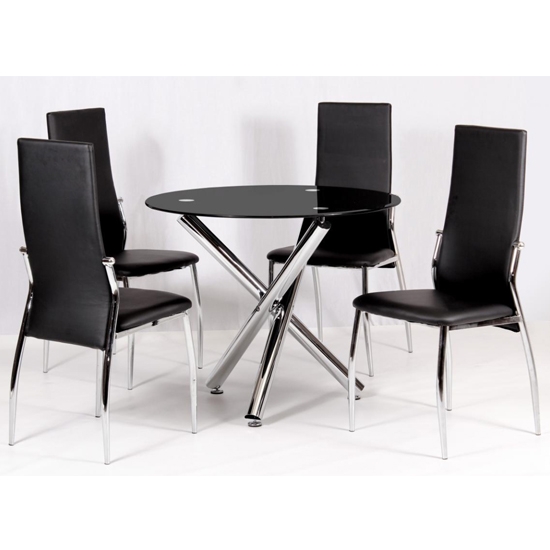 Calder Black Glass Dining Set With Chrome Legs And 4 Chairs