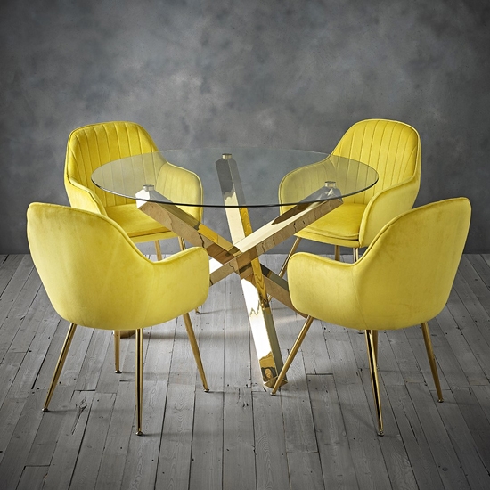 Capri Clear Glass Dining Set With 4 Lara Yellow Velvet Chairs