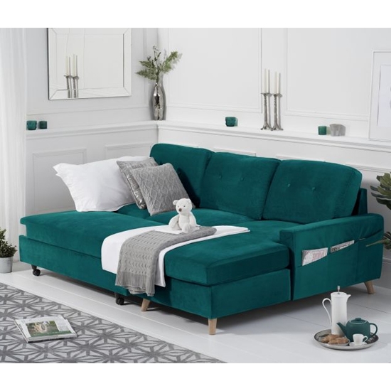 Carlotta Velvet Upholstered Right Facing Chaise Double Sofa Bed In Green