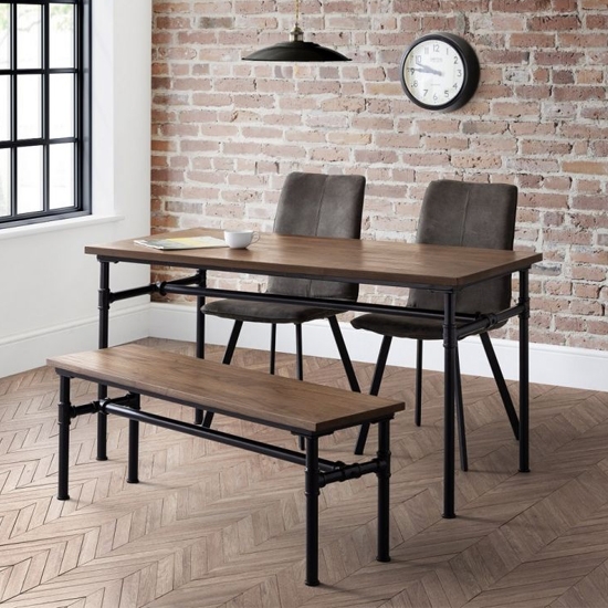 Carnegie Dining Table In Mocha Elm With Bench And 4 Monroe Chairs