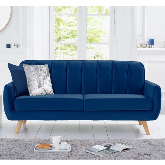 Carvella Velvet Upholstered 3 Seater Sofa In Blue