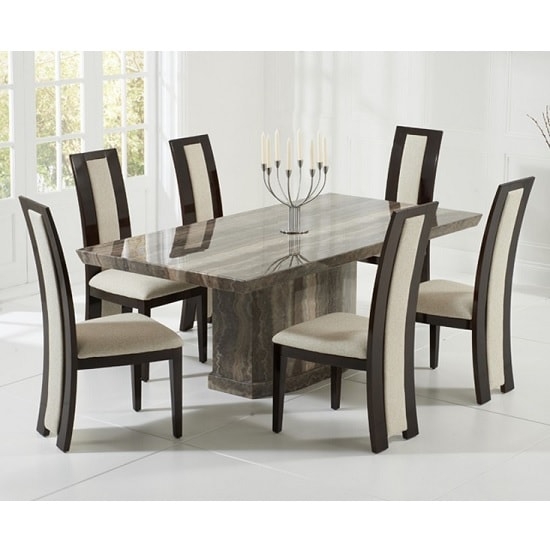 Carvelle Marble Dining Table In Brown With 8 Cream Memphis Chairs