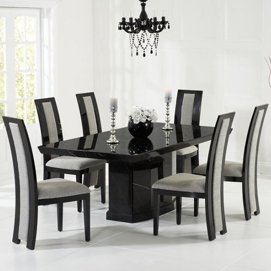 Carvelle Marble Dining Table In Black With 6 Venezia Grey Chairs