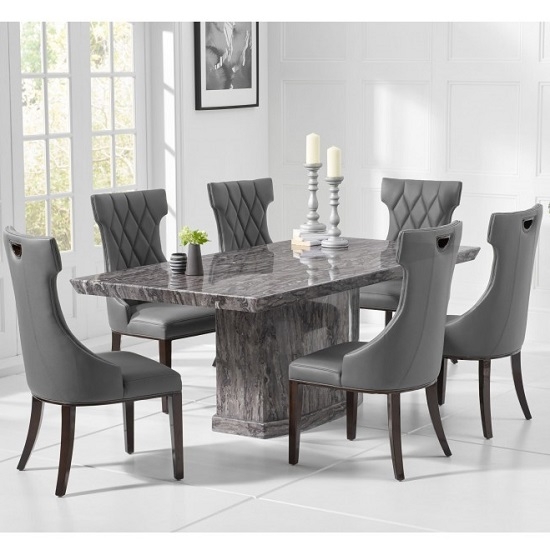 Carvelle Small Marble Dining Table In Grey With 4 Rome Grey Chairs