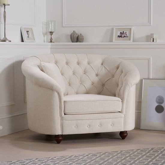 Casey Chesterfield Fabric Upholstered Armchair In Ivory