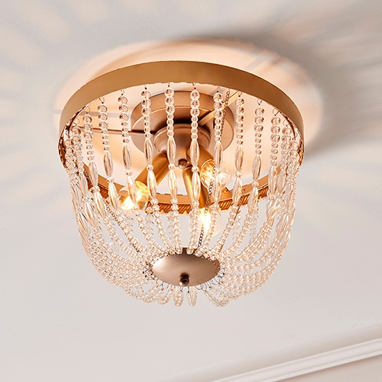 Celine 3 Lights Clear Glass Beads Flush Ceiling Light In Rose Gold