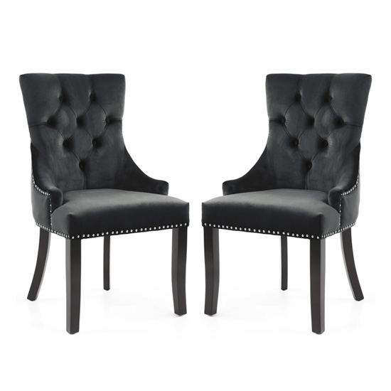 Chester Black Velvet Dining Chairs In Pair With Black Rubber Wood Legs