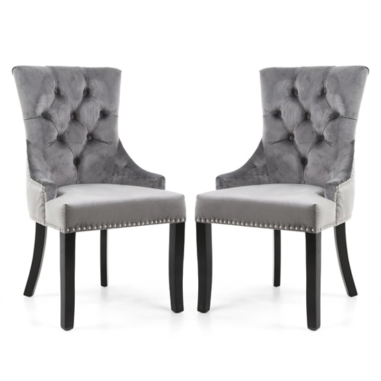 Chester Grey Velvet Dining Chairs In Pair With Black Rubberwood Legs