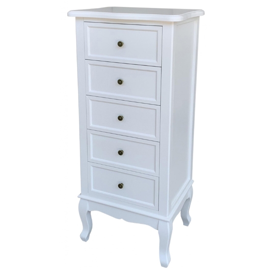 Chloe Narrow Wooden Chest Of Drawers In White With 5 Drawers