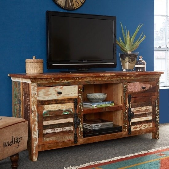 Coastal Large Wooden 2 Doors Tv Stand In Reclaimed Wood