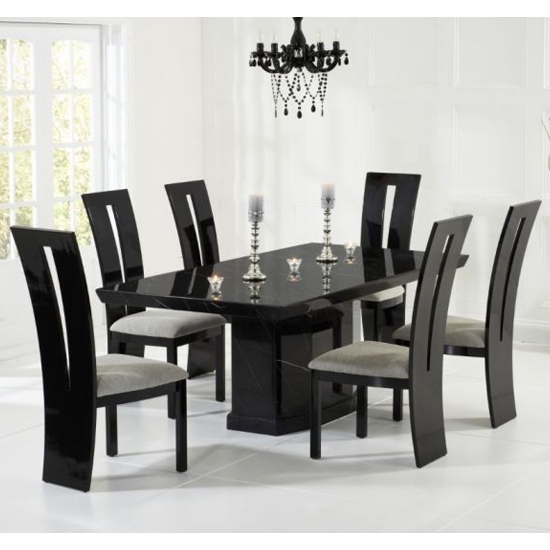 Como 160cm Black Marble Rectangular Dining Table With 6 Valencie Black Chairs