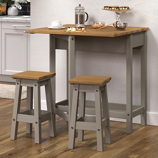 Corona Breakfast Wooden Drop Leaf Dining Set With 2 Stools In Grey