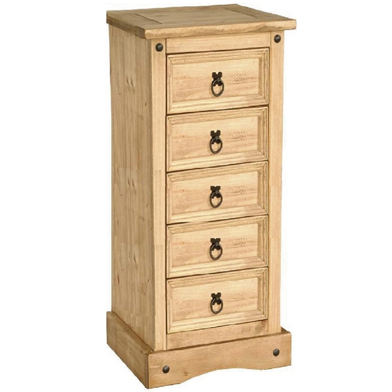 Corona Narrow Wooden Chest Of Drawers In Light Pine With 5 Drawers