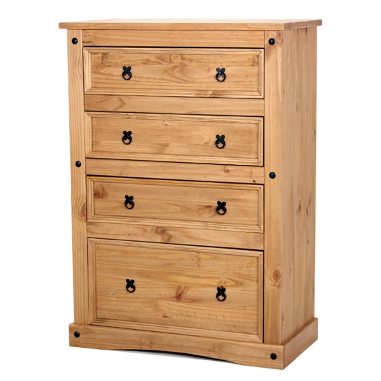 Corona Wide Wooden Chest Of Drawers In Light Pine With 4 Drawers