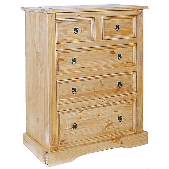 Corona Wide Wooden Chest Of Drawers In Light Pine With 5 Drawers