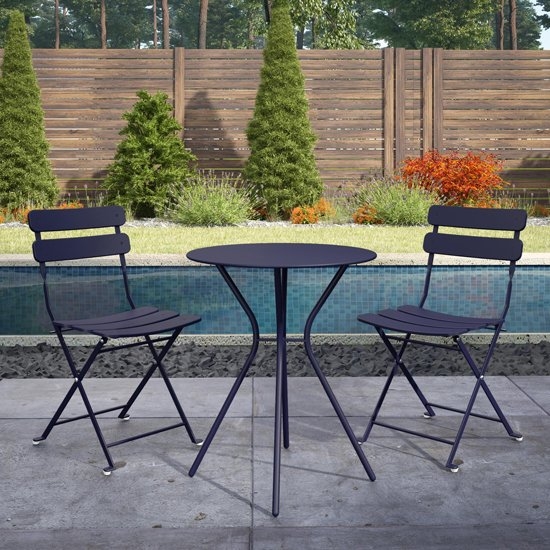 Cosco Outdoor Metal Fixed Bistro Set With 2 Folding Chairs In Navy