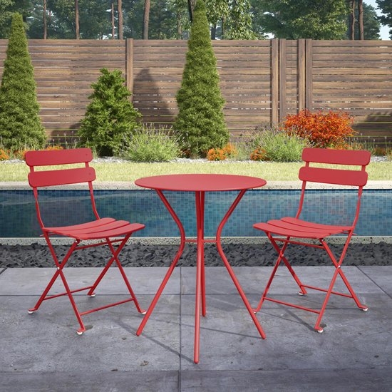 Cosco Outdoor Metal Fixed Bistro Set With 2 Folding Chairs In Red