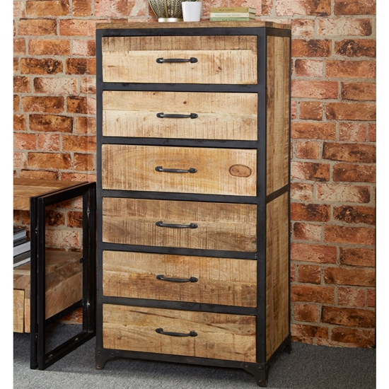 Cosmo Industrial Tall Chest Chest Of Drawers In Natural With 6 Drawers