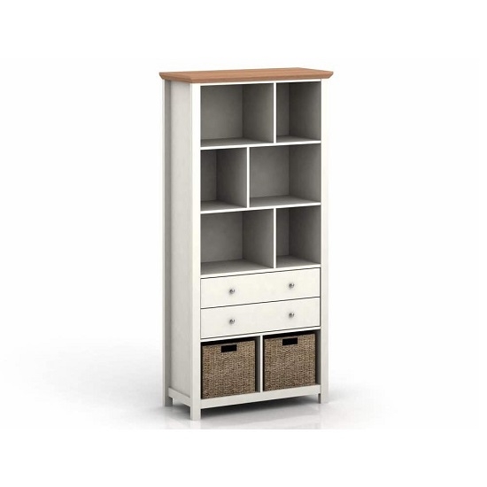 Cotswold Wooden Bookcase In Cream And Oak With 2 Drawers