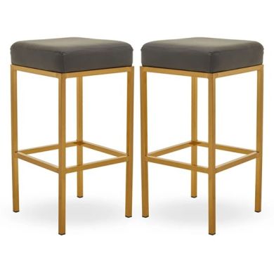 Bolney Grey Faux Leather Bar Stools With Gold Metal Base In Pair