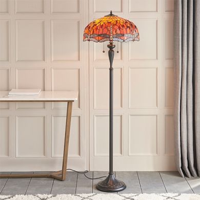 Dragonfly Flame Tiffany Glass Floor Lamp In Dark Bronze