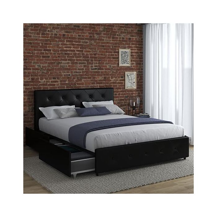 Dakota Faux Leather Double Bed With Storage Drawers In Black