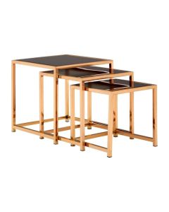 Axminster Black Glass Nest Of 3 Tables With Rose Gold Stainless Steel Frame