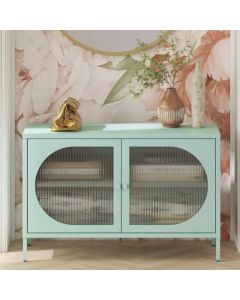 Wide Luna Metal Storage Cabinet With 2 Fluted Glass Doors In Sky Blue