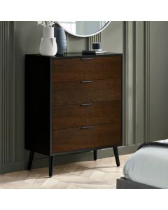 Alba Wide Wooden Chest Of 4 Drawers In Walnut And Black