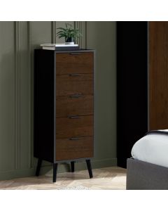 Alba Narrow Wooden Chest Of 5 Drawers In Walnut And Black