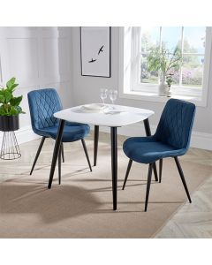 Aspen White Square Dining Table With 2 Blue Diamond Stitch Fabric Chairs