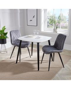 Aspen White Square Dining Table With 2 Grey Diamond Stitch Fabric Chairs