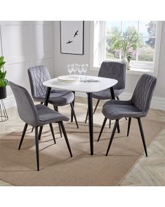 Aspen White Square Dining Table With 4 Grey Diamond Stitch Fabric Chairs