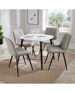 Aspen White Square Dining Table With 4 Light Grey Diamond Stitch Fabric Chairs