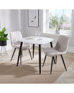 Aspen White Square Dining Table With 2 Light Grey Diamond Stitch Fabric Chairs