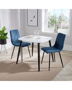 Aspen White Square Dining Table With 2 Blue Straight Stitch Fabric Chairs