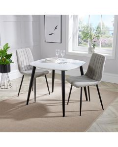 Aspen White Square Dining Table With 2 Light Grey Straight Stitch Fabric Chairs