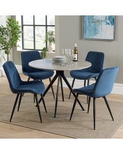 Aspen Grey Oak Round Dining Table With 4 Blue Fabric Chairs