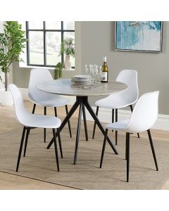 Aspen Grey Oak Round Dining Table With 4 White Curve Plastic Chairs