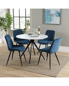 Aspen White Round Dining Table With 4 Blue Diamond Stitch Fabric Chairs