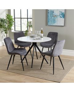 Aspen White Round Dining Table With 4 Grey Diamond Stitch Fabric Chairs